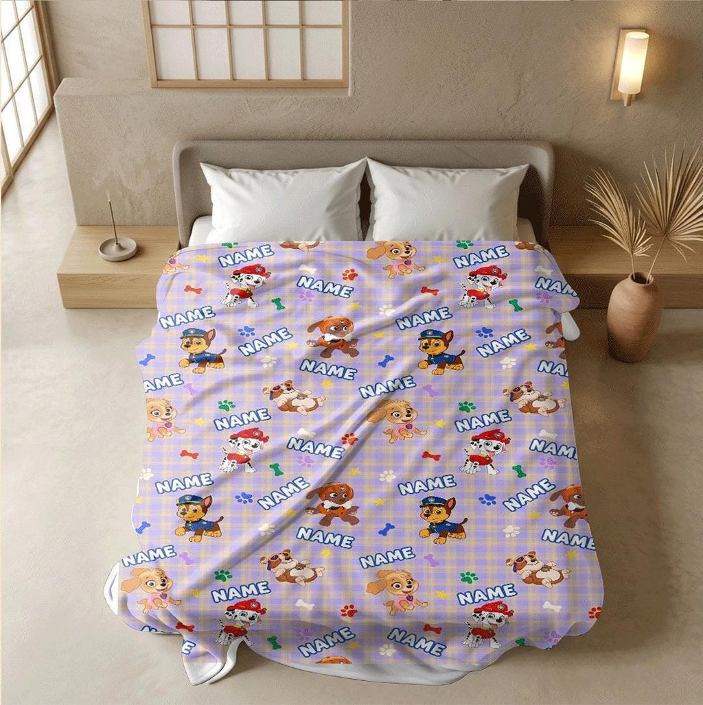Multi Name PAW Patrol Blanket, Purple Plaid Hero Throw, Cartoon Rescue Pup Bedding, Kids Fan Gift