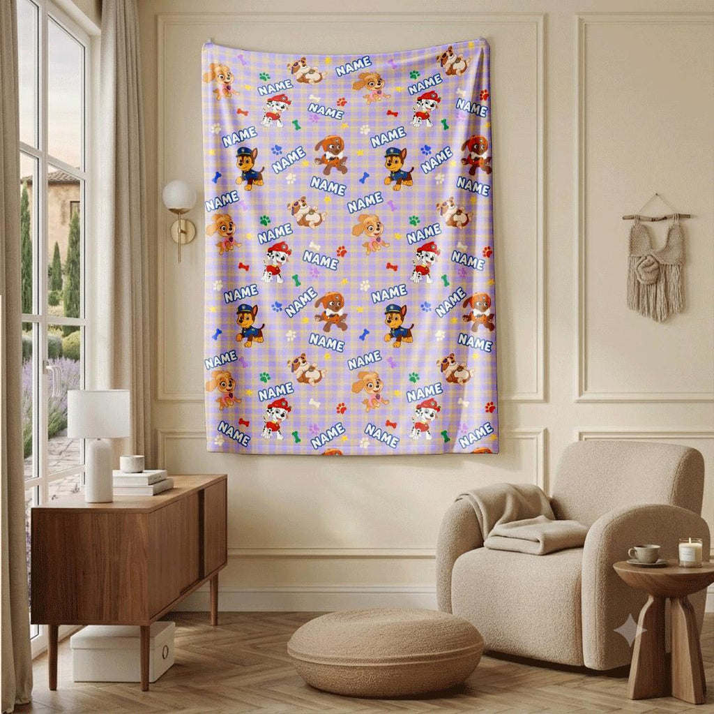 Multi Name PAW Patrol Blanket, Purple Plaid Hero Throw, Cartoon Rescue Pup Bedding, Kids Fan Gift