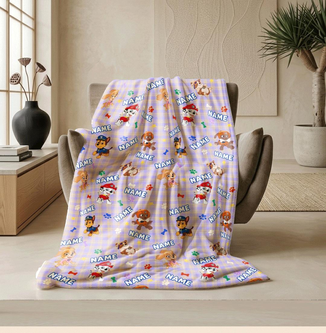 Multi Name PAW Patrol Blanket, Purple Plaid Hero Throw, Cartoon Rescue Pup Bedding, Kids Fan Gift