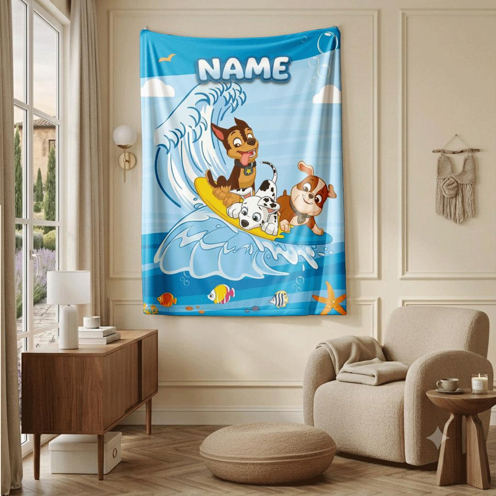 PAW Patrol Surfing Blanket, Ocean Waves Dog Throw, Underwater World Bedding, Summer Boys Gift