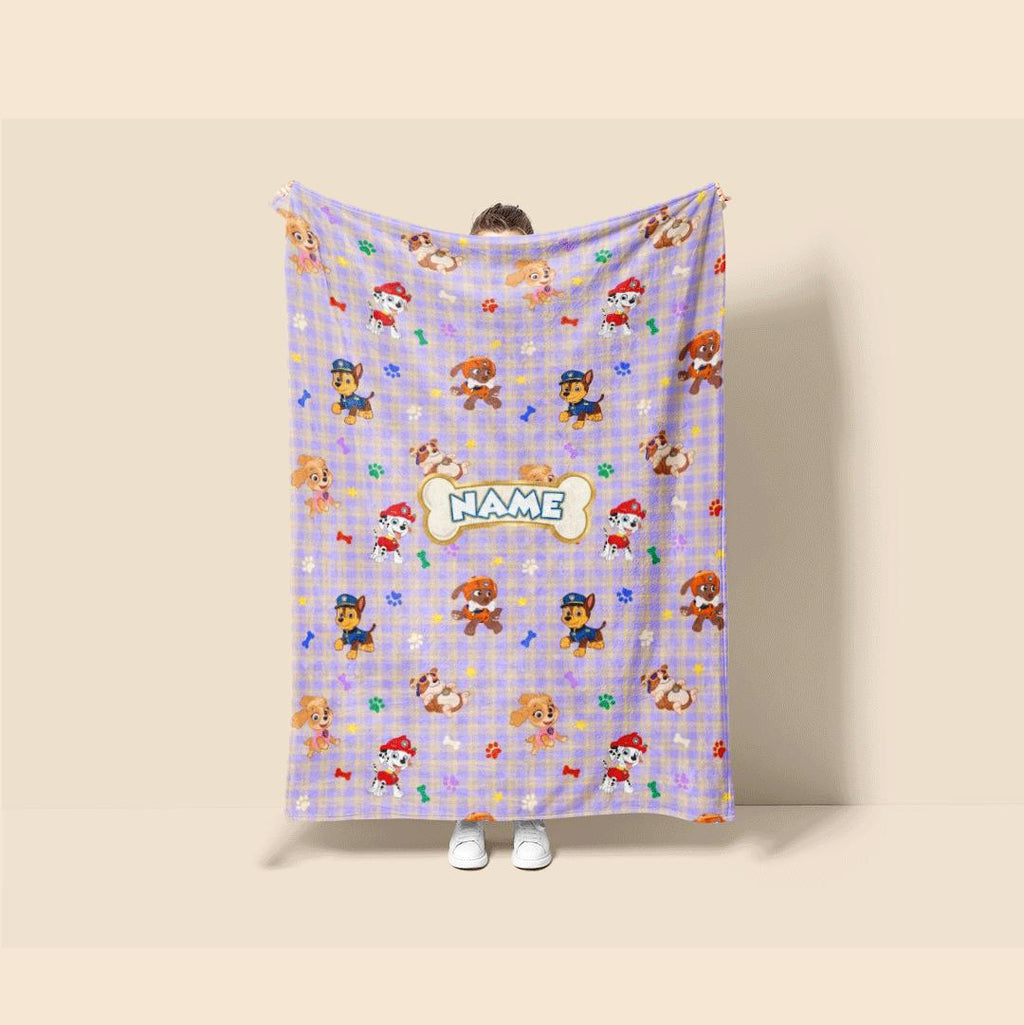 PAW Patrol Plaid Blanket, Purple Cartoon Dog Throw, Hero Pup Bone Tag Bedding, Kids Fan Gift