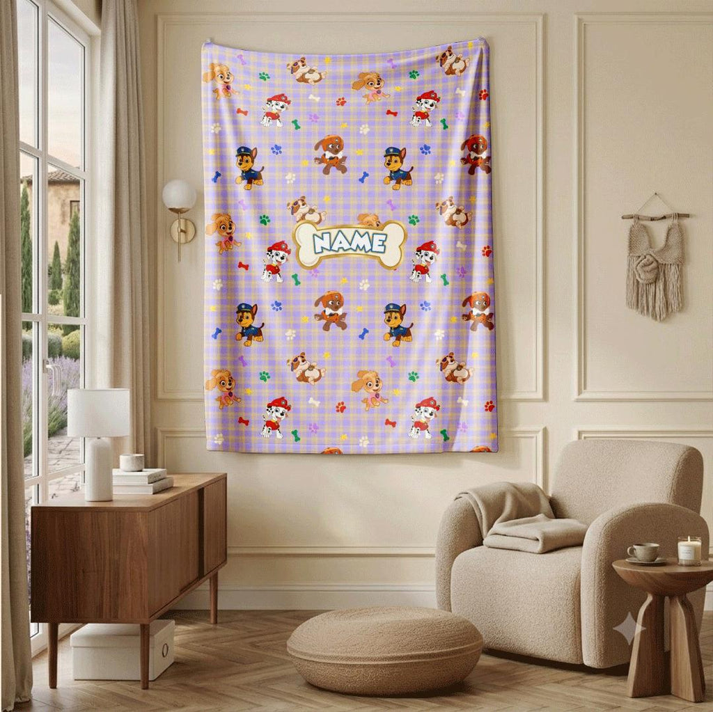 PAW Patrol Plaid Blanket, Purple Cartoon Dog Throw, Hero Pup Bone Tag Bedding, Kids Fan Gift