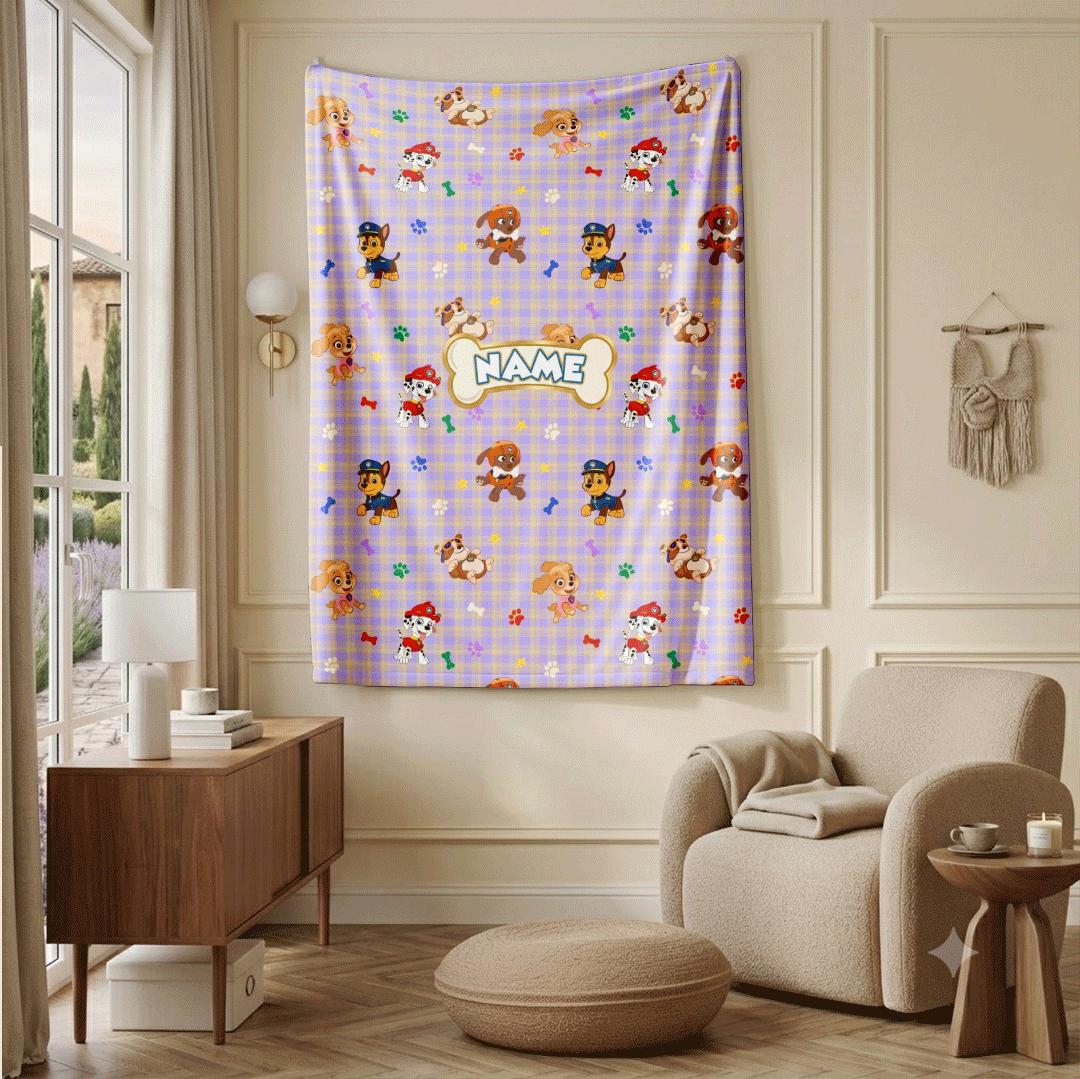 PAW Patrol Plaid Blanket, Purple Cartoon Dog Throw, Hero Pup Bone Tag Bedding, Kids Fan Gift
