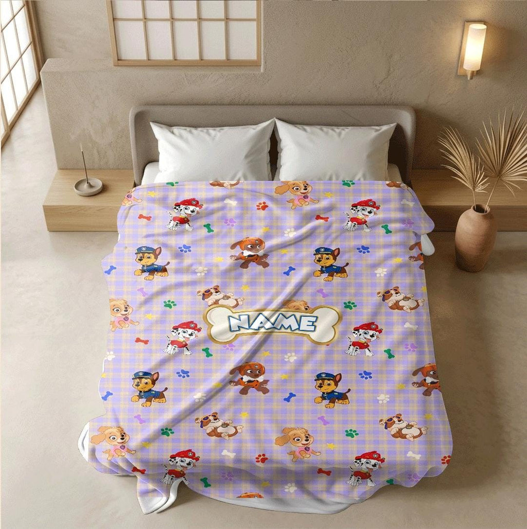PAW Patrol Plaid Blanket, Purple Cartoon Dog Throw, Hero Pup Bone Tag Bedding, Kids Fan Gift