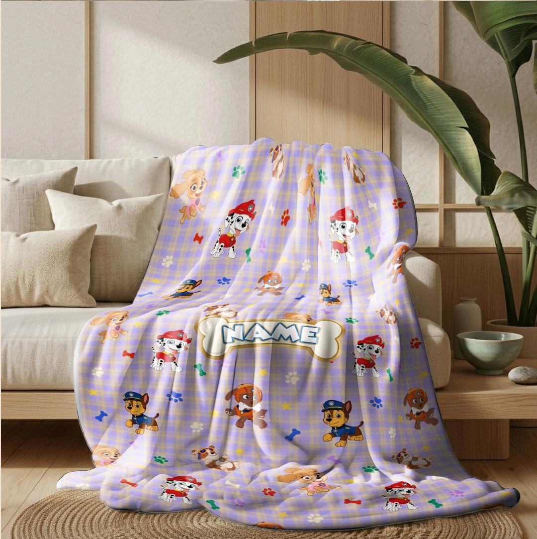 PAW Patrol Plaid Blanket, Purple Cartoon Dog Throw, Hero Pup Bone Tag Bedding, Kids Fan Gift