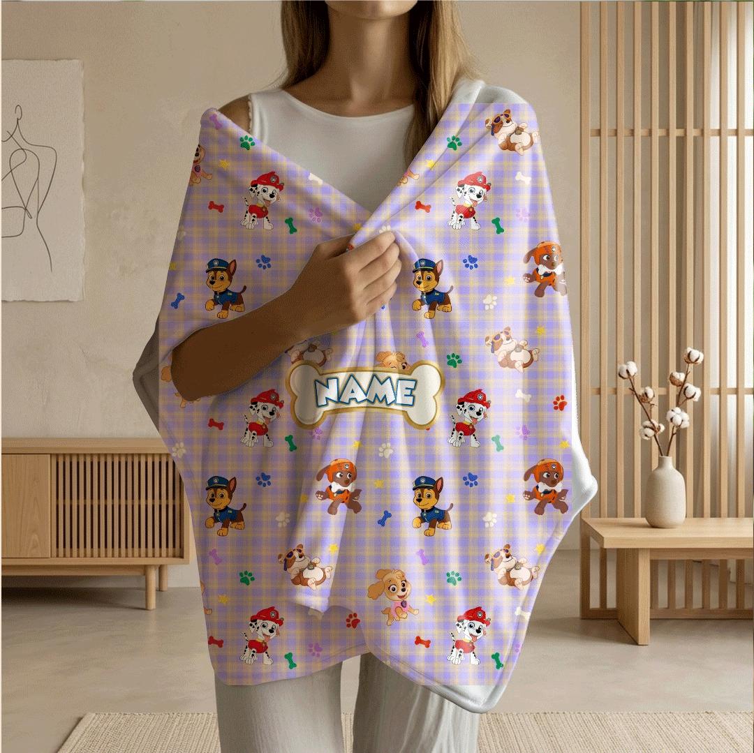 PAW Patrol Plaid Blanket, Purple Cartoon Dog Throw, Hero Pup Bone Tag Bedding, Kids Fan Gift