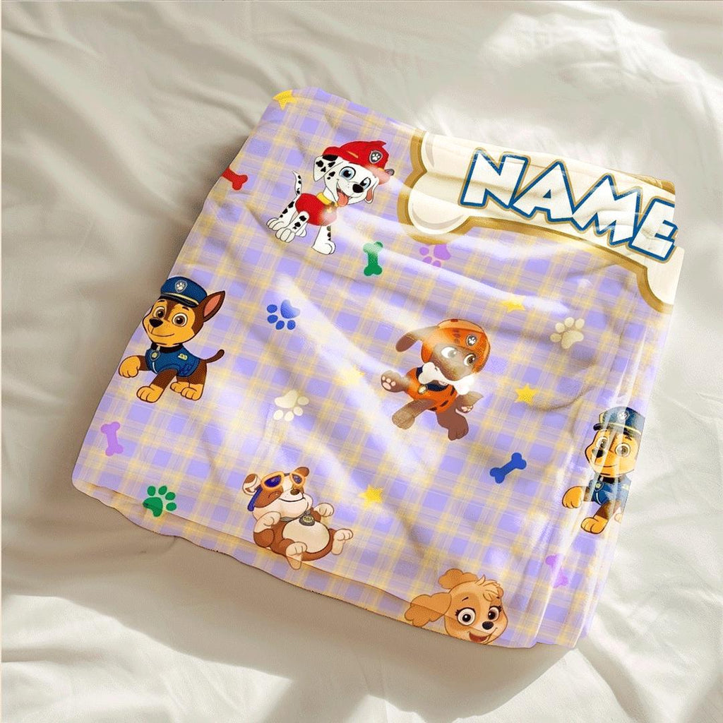 PAW Patrol Plaid Blanket, Purple Cartoon Dog Throw, Hero Pup Bone Tag Bedding, Kids Fan Gift