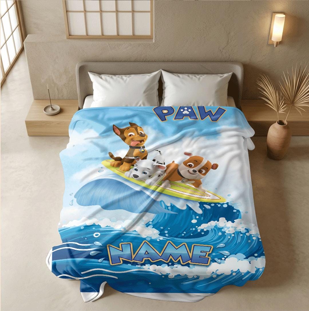 PAW Patrol Surfing Blanket, Big Wave Dog Throw, Summer Beach Hero Bedding, Boys Vacation Gift