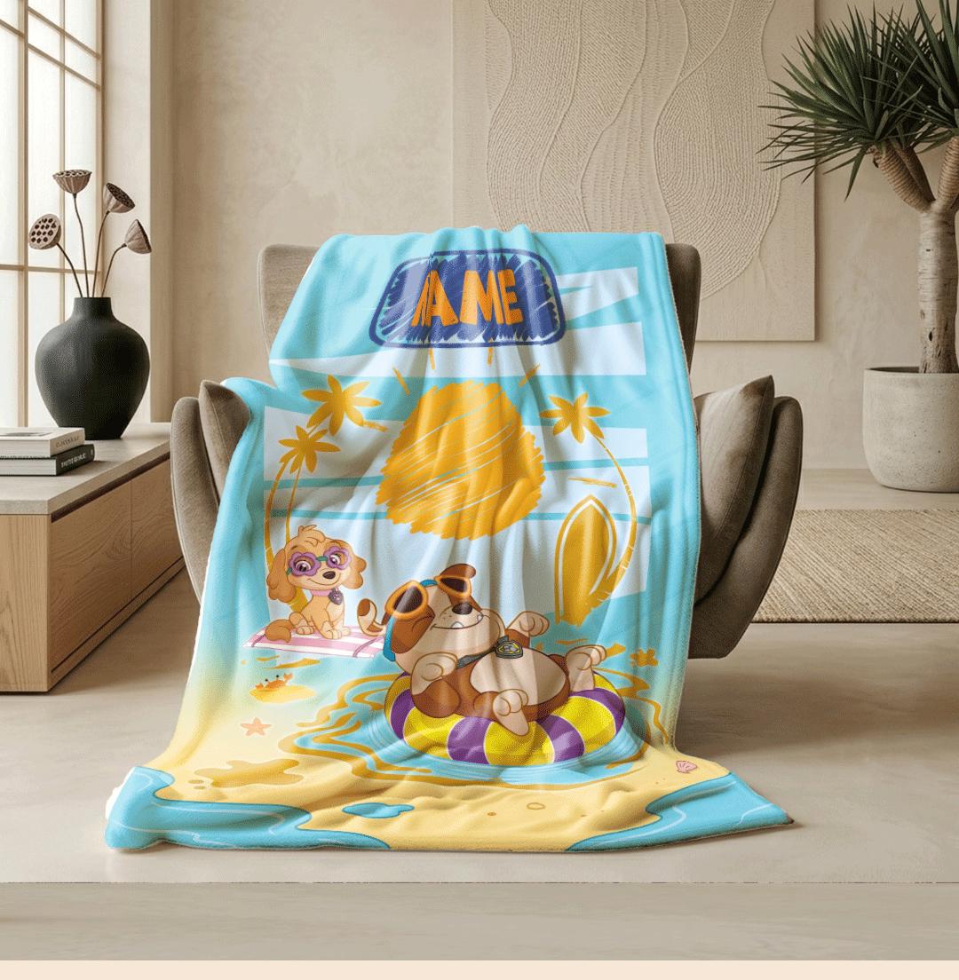PAW Patrol Crayon Blanket, Summer Beach Dog Throw, Doodle Sun Bedding, Kids Vacation Gift