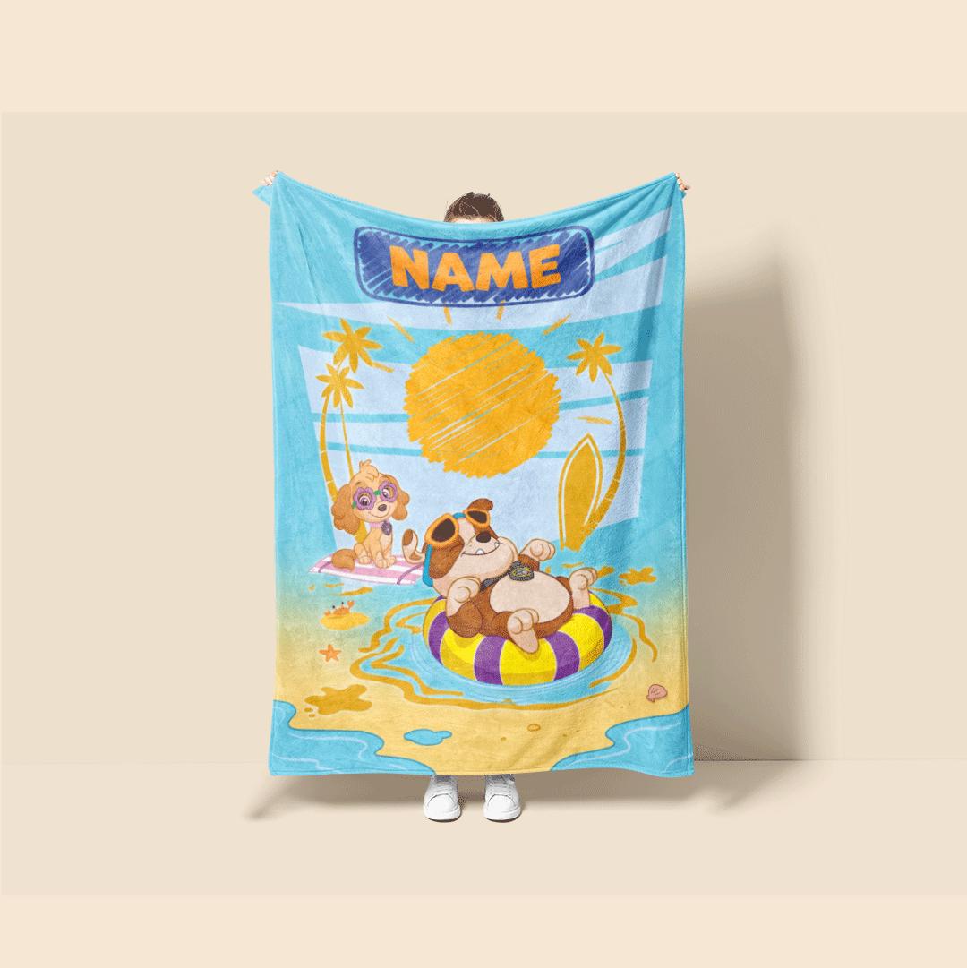 PAW Patrol Crayon Blanket, Summer Beach Dog Throw, Doodle Sun Bedding, Kids Vacation Gift
