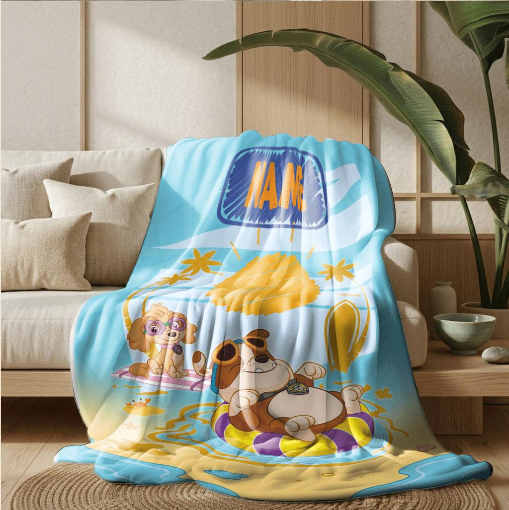 PAW Patrol Crayon Blanket, Summer Beach Dog Throw, Doodle Sun Bedding, Kids Vacation Gift