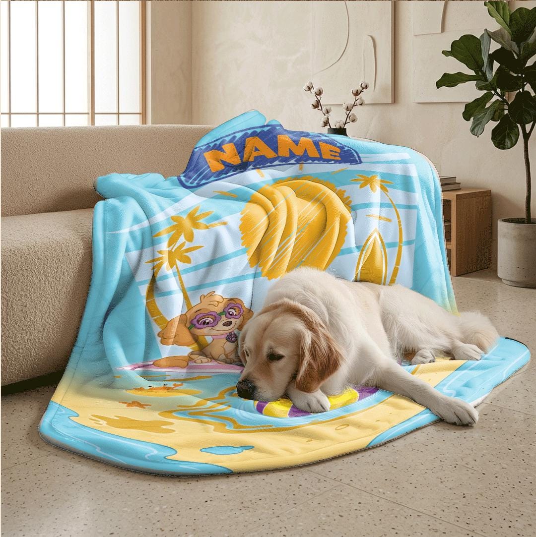 PAW Patrol Crayon Blanket, Summer Beach Dog Throw, Doodle Sun Bedding, Kids Vacation Gift