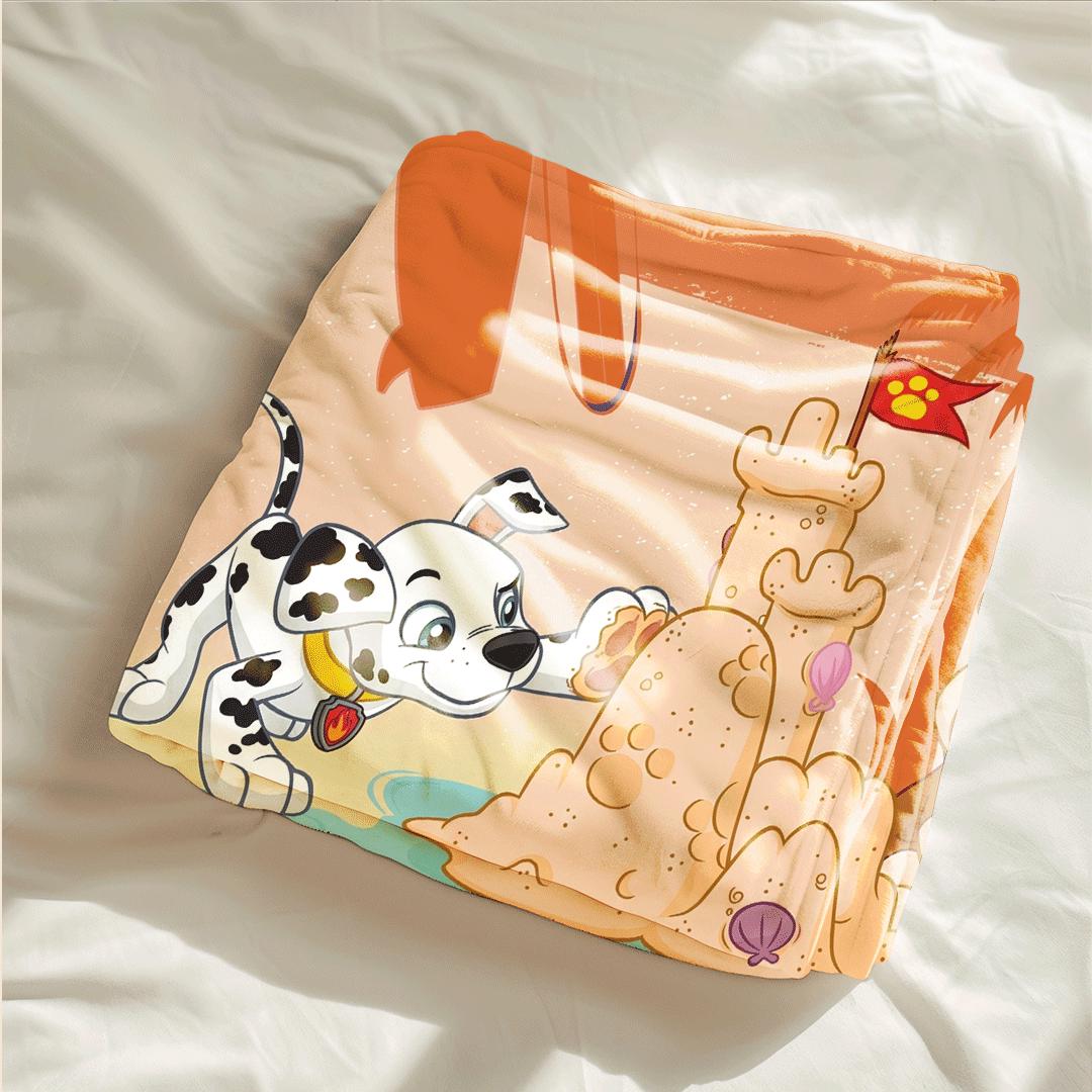 PAW Patrol Sandcastle Blanket, Retro Sunset Beach Throw, Summer Dog Bedding, Kids Vacation Gift