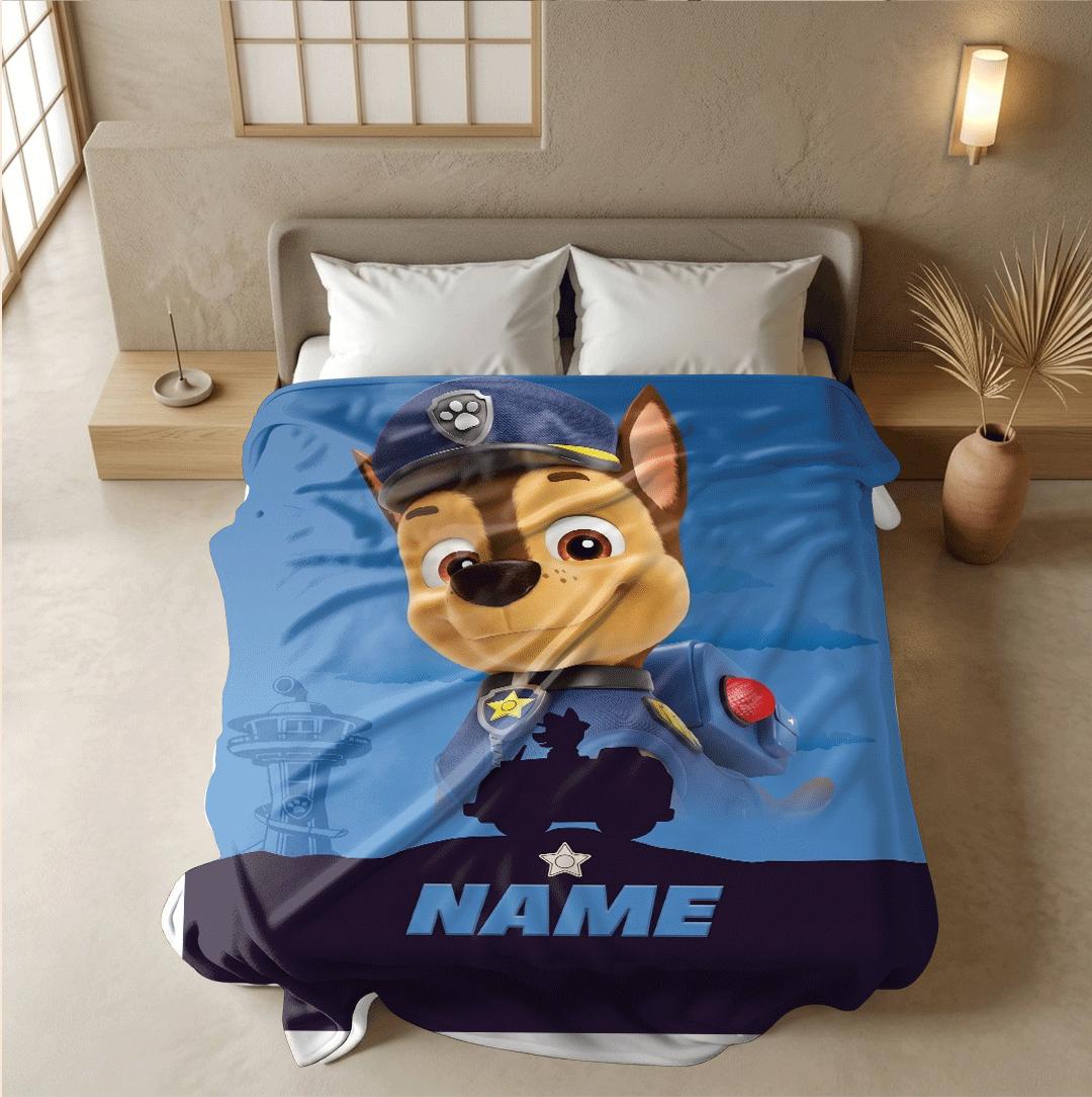 PAW Patrol Chase Blanket, Blue Police Car Throw, Hero Dog Silhouette Bedding, Brave Boys Room Gift
