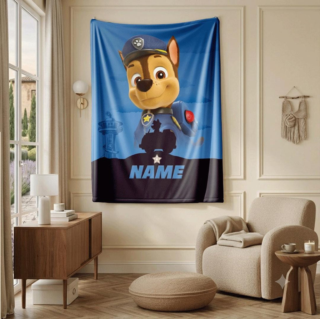 PAW Patrol Chase Blanket, Blue Police Car Throw, Hero Dog Silhouette Bedding, Brave Boys Room Gift