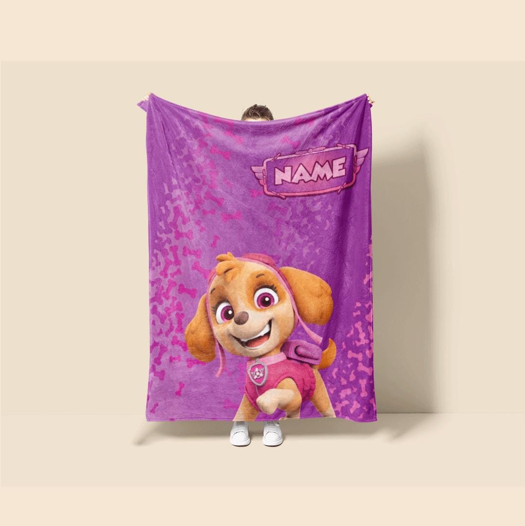 PAW Patrol Skye Blanket, Pink Bone Pattern Throw, Cartoon Rescue Pup Bedding, Girls Room Gift