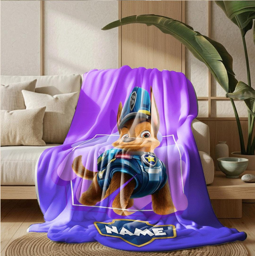 PAW Patrol Chase Blanket, Purple Abstract Throw, Police Dog Bedding, Boys Hero Gift