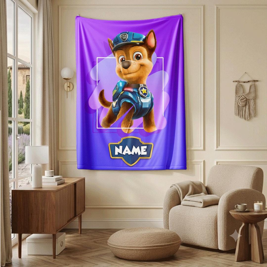 PAW Patrol Chase Blanket, Purple Abstract Throw, Police Dog Bedding, Boys Hero Gift