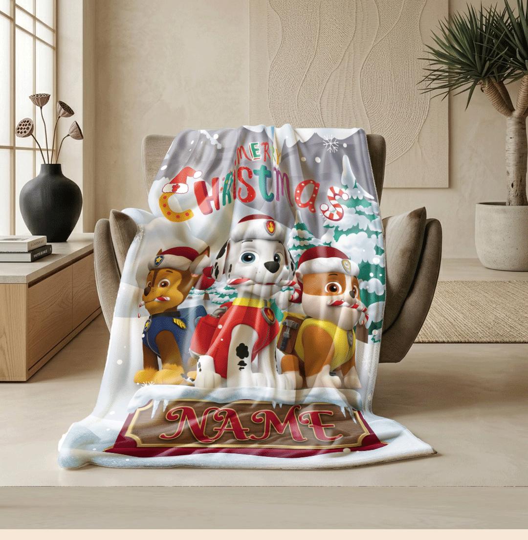 PAW Patrol Christmas Blanket, Winter Snow Throw, Holiday Dog Bedding, Kids Xmas Gift