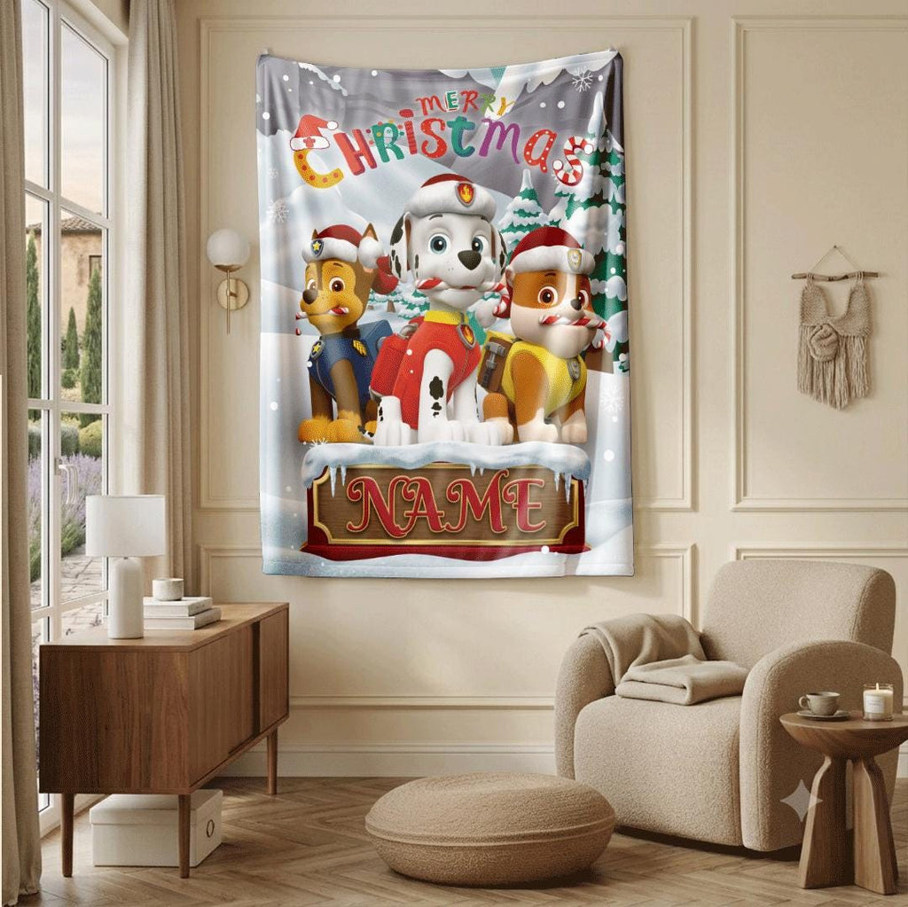 PAW Patrol Christmas Blanket, Winter Snow Throw, Holiday Dog Bedding, Kids Xmas Gift