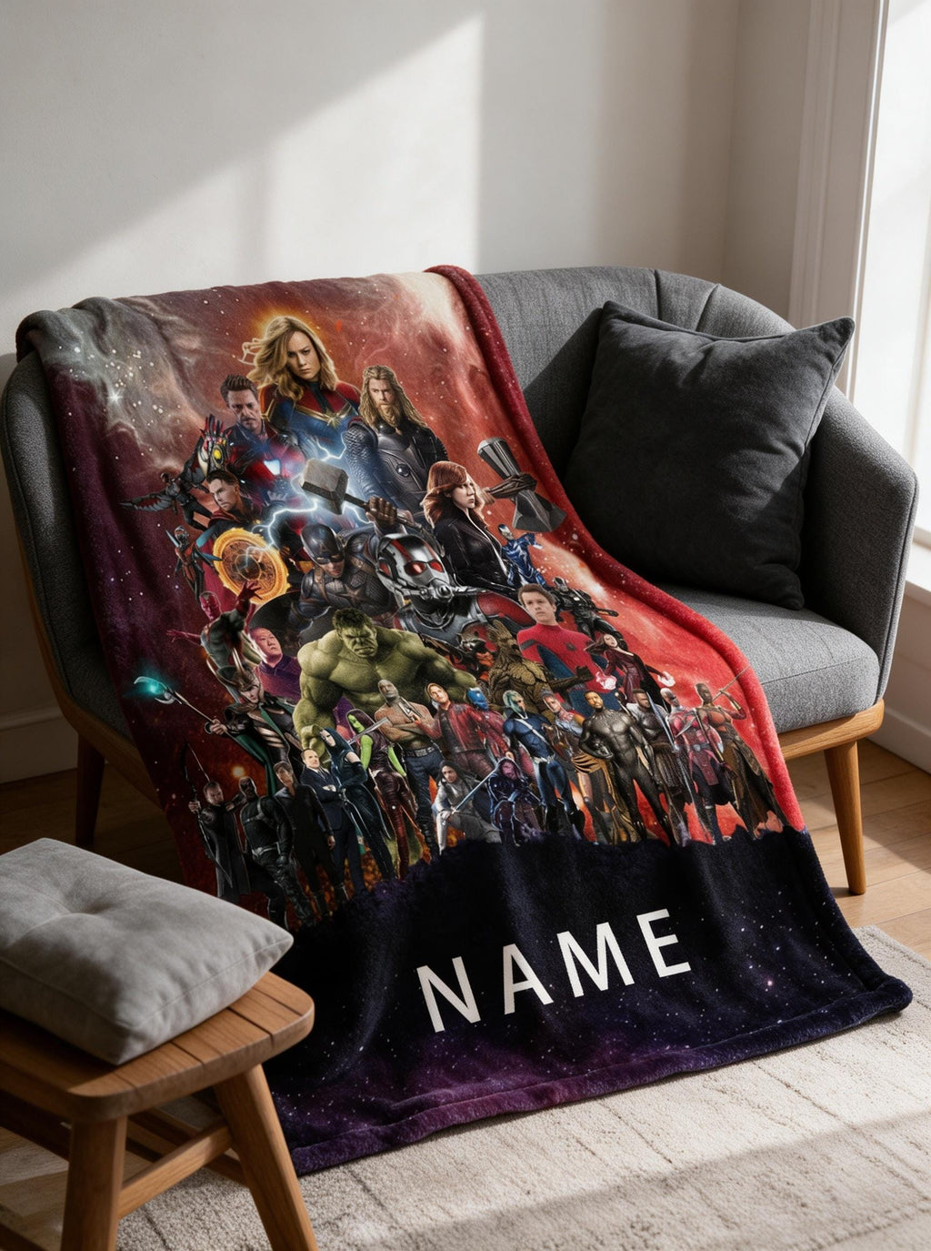 Personalized Avengers Flannel Blanket, Custom Name Superhero Collage (Movie Fan Gift)
