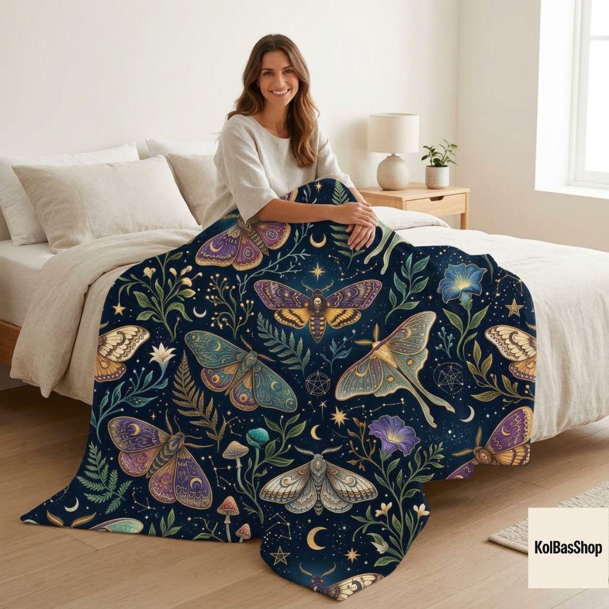 Celestial Moth Blanket, Luna Moth Throw, Moon and Stars Bedding, Witchy Botanical Decor, Gothic Cottagecore Gift for Her