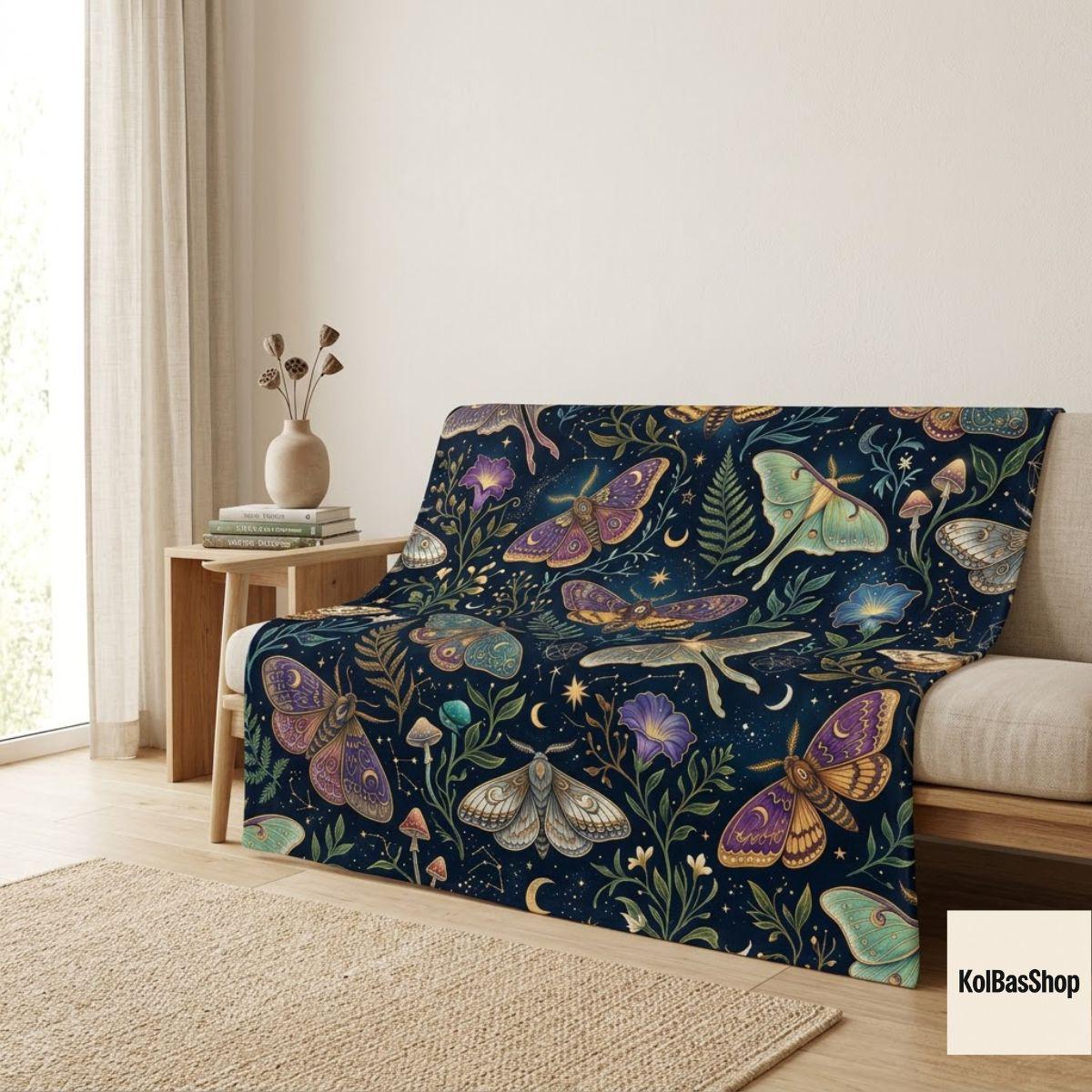 Celestial Moth Blanket, Luna Moth Throw, Moon and Stars Bedding, Witchy Botanical Decor, Gothic Cottagecore Gift for Her