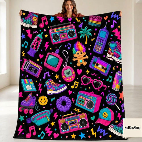 90s Nostalgia Blanket, Retro Y2K Throw, Colorful Vintage Electronics Pattern, Millennial Gift, Neon Bedroom Decor