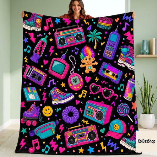 90s Nostalgia Blanket, Retro Y2K Throw, Colorful Vintage Electronics Pattern, Millennial Gift, Neon Bedroom Decor