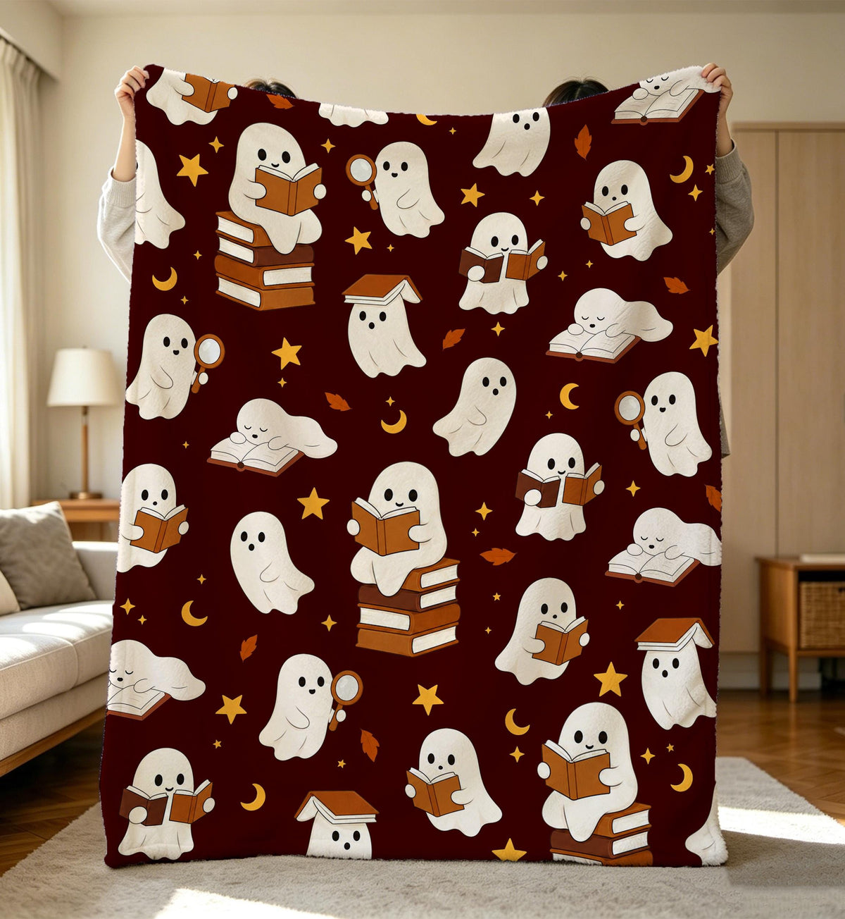 Ghostie Readers Flannel Cotton Blanket,Book Lover Throw,Custom Cozy Spooky Season Throw,Autumn Library Decor,Cozy Fall Reading Throw Blanket