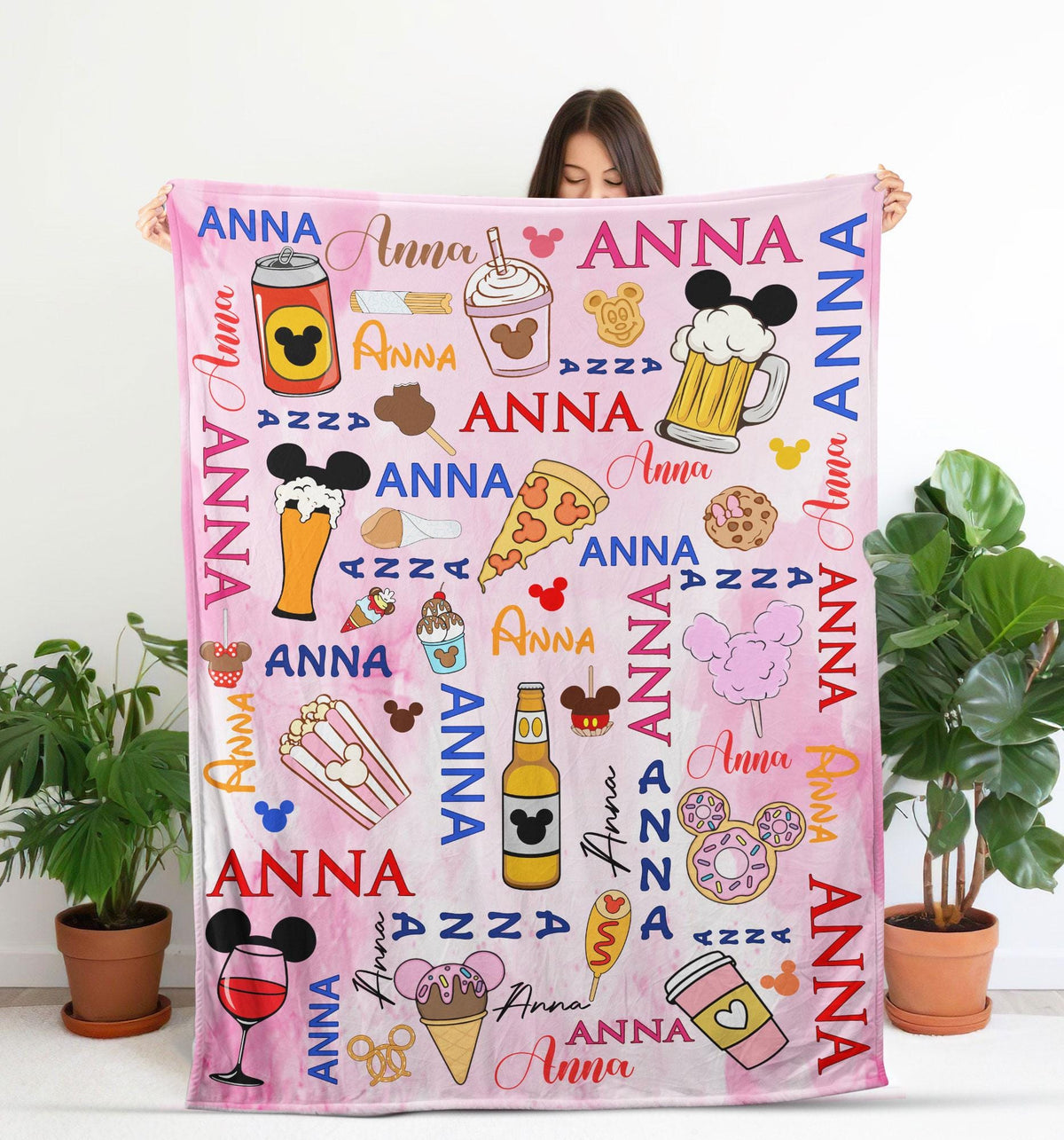Personalized Disney Snacks Blanket, Mouse Snacks Blanket for Kids Baby, Disney Drinks And Foods Blanket, Birthday Gift for Boys Girls