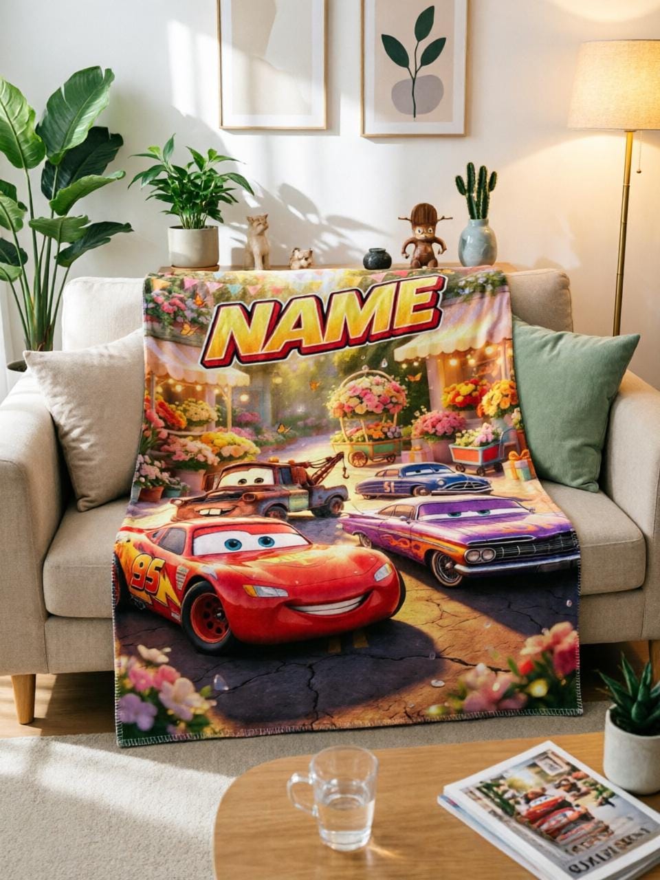 Custom Name Cars Blanket Soft Throw, Lightning McQueen Kids Keepsake Gift