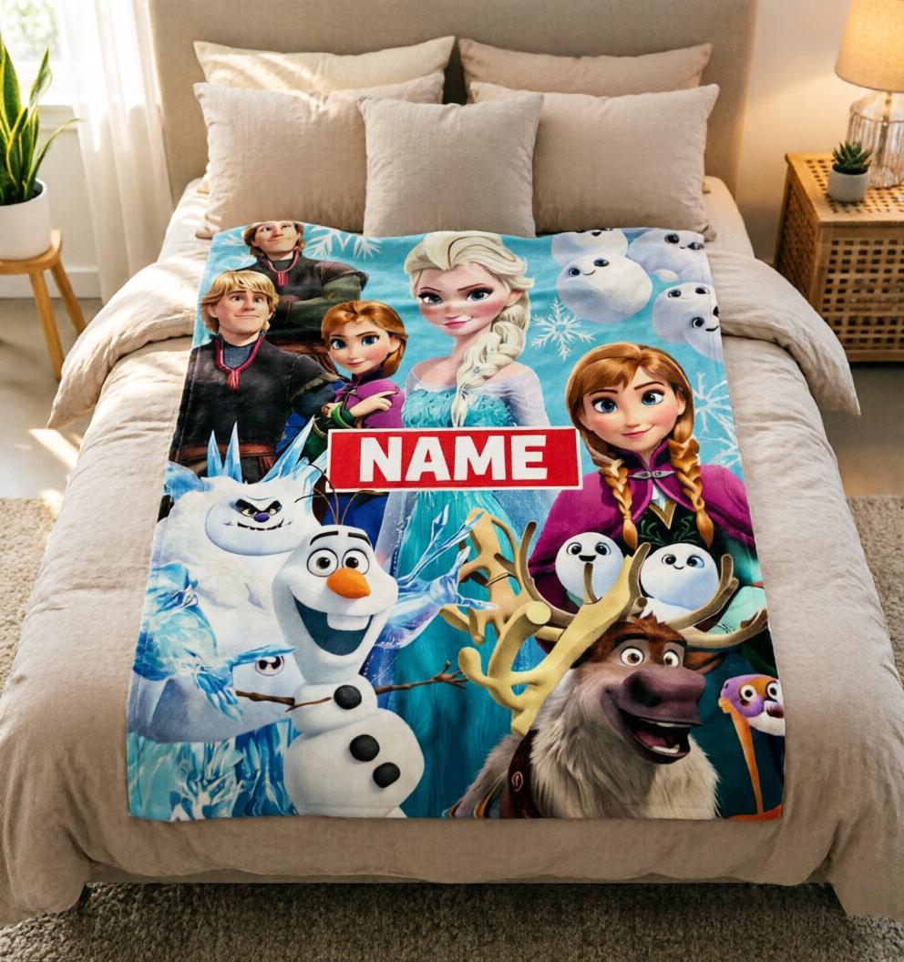 Personalized Frozen Princess Blanket Soft Throw, Custom Name Kids Keepsake Gift, Snowflake Ice Design for Girls Bedroom Decor