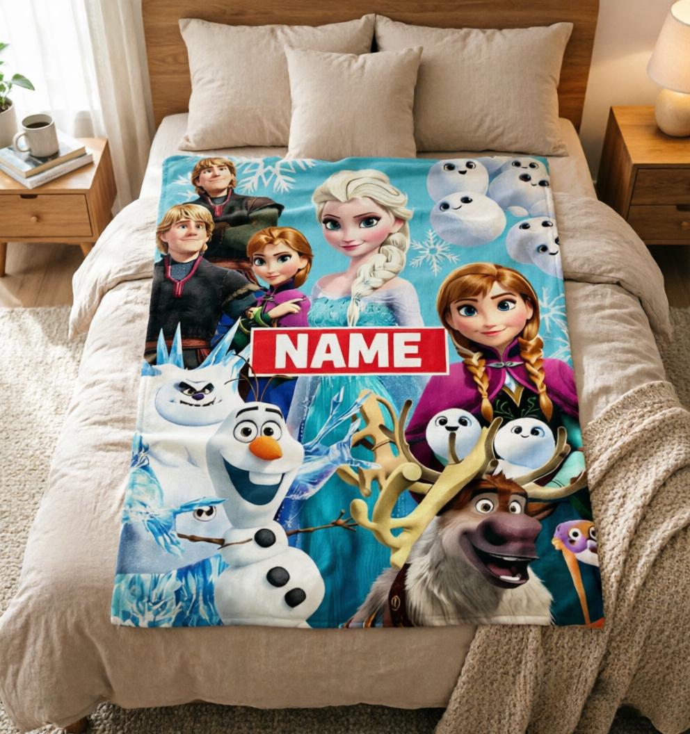 Personalized Frozen Princess Blanket Soft Throw, Custom Name Kids Keepsake Gift, Snowflake Ice Design for Girls Bedroom Decor