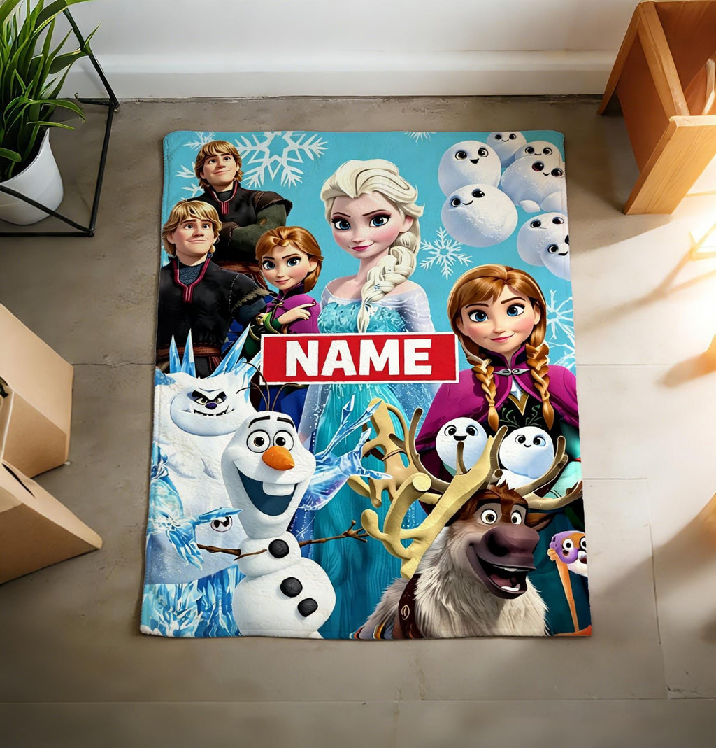 Personalized Frozen Princess Blanket Soft Throw, Custom Name Kids Keepsake Gift, Snowflake Ice Design for Girls Bedroom Decor