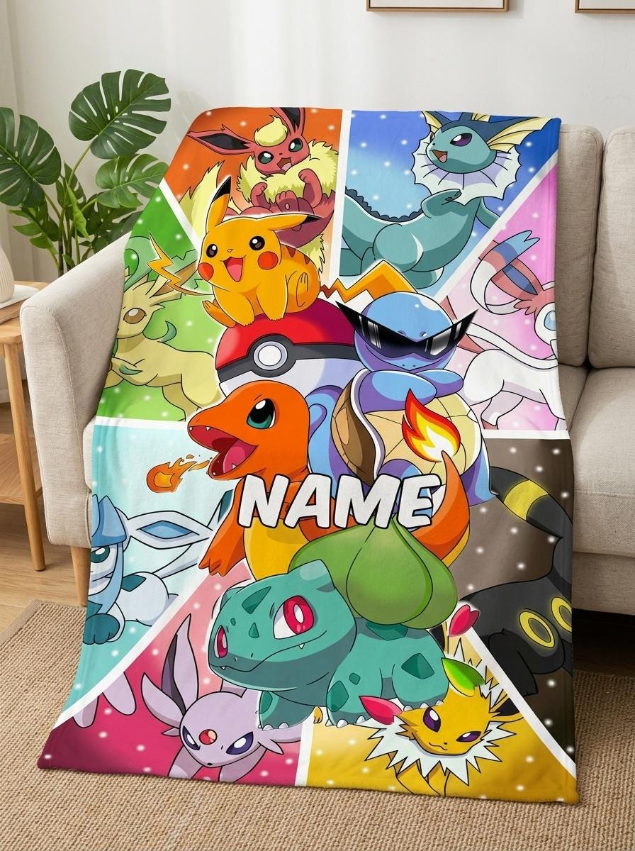 Personalized Pokémon Blanket, Custom Name Pikachu & Eevee Evolutions Throw, Kids Gamer Gift
