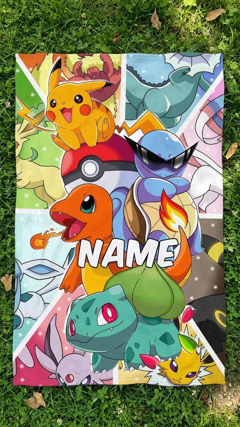Personalized Pokémon Blanket, Custom Name Pikachu & Eevee Evolutions Throw, Kids Gamer Gift