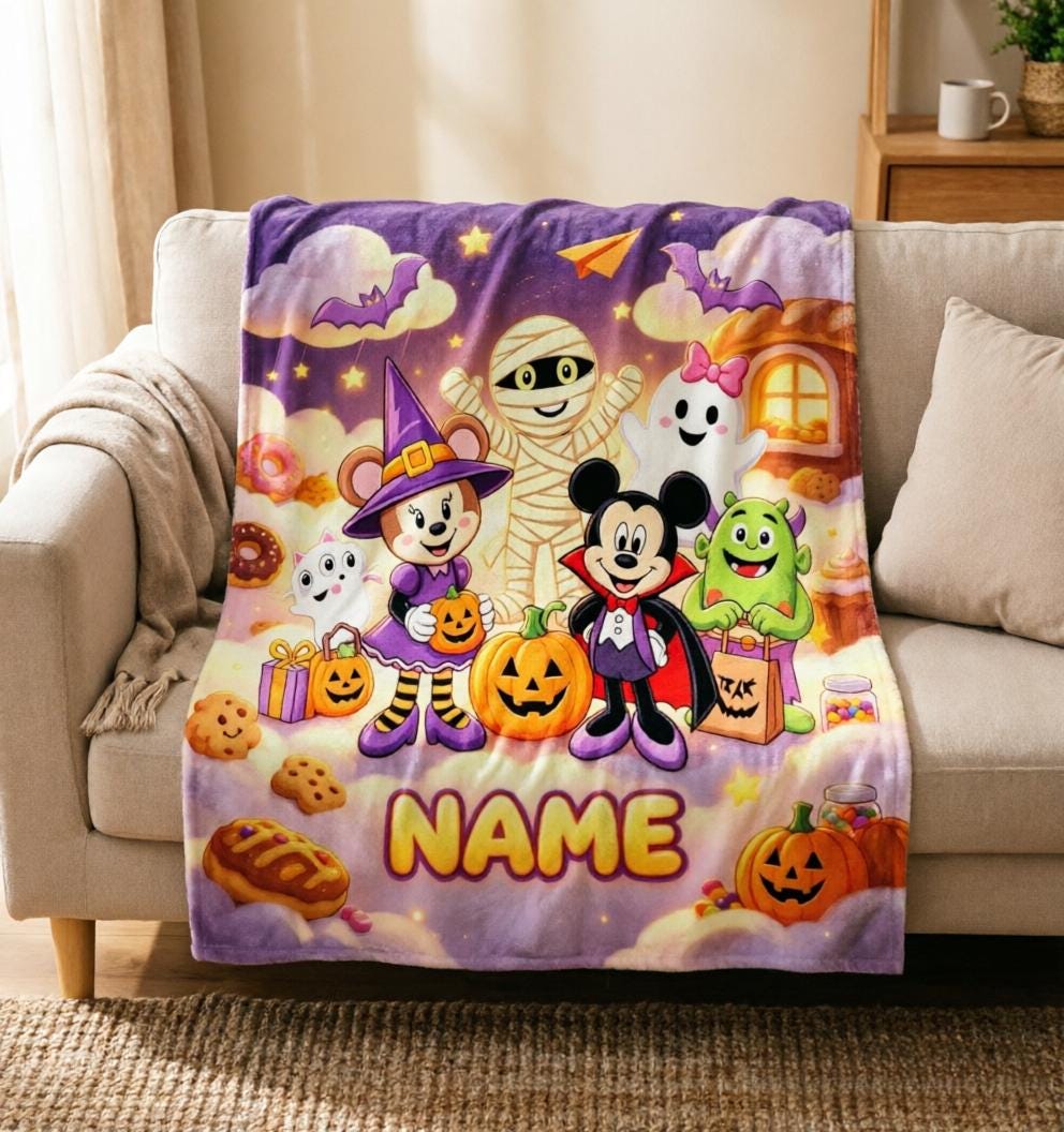 Personalized Spooky Holiday Blanket Soft Throw, Custom Name Kids Keepsake Gift, Whimsical Trick‑or‑Treat Art for Children Bedroom Decor