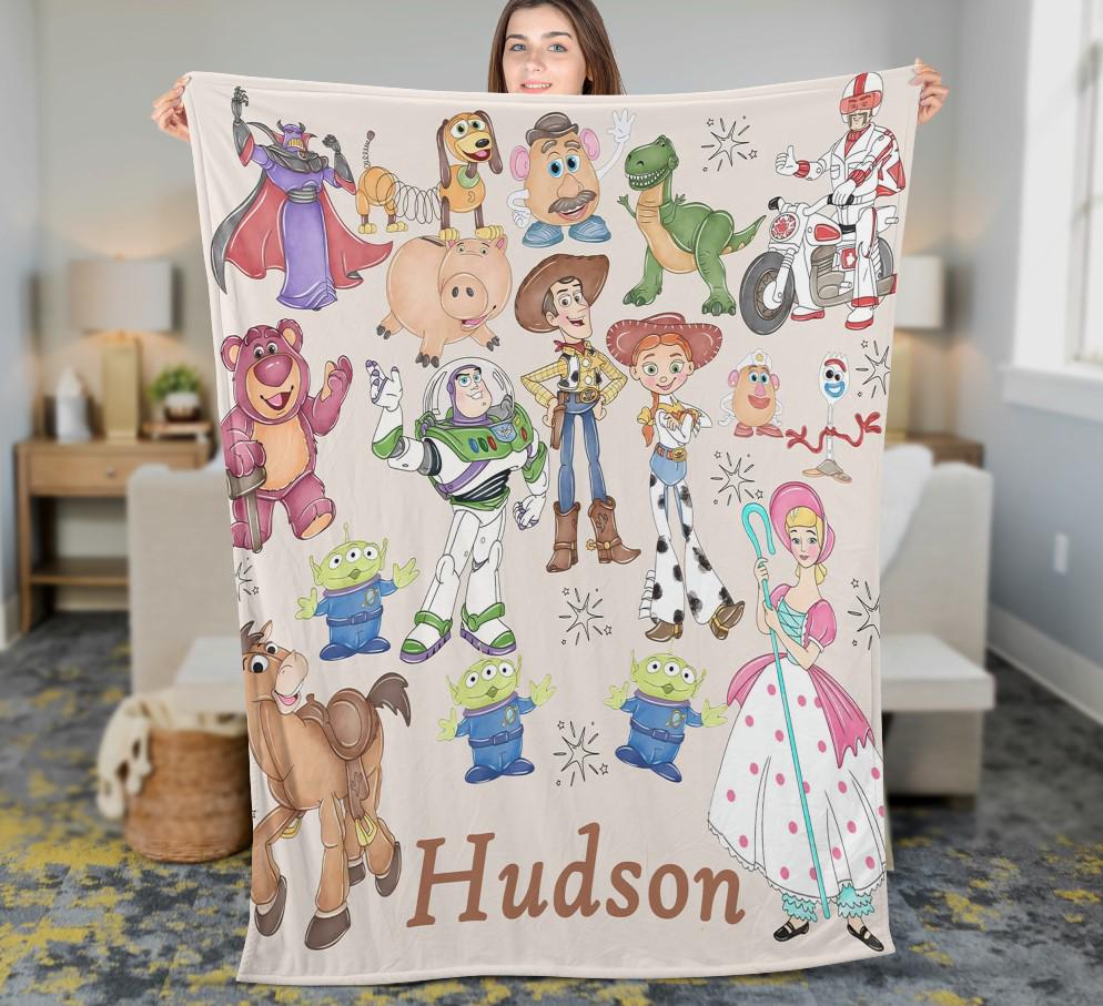 Personalized Toy Story Fleece Blanket, Disneyland Woody Buzz Lightyear Jessie Gift for Fan, Custom Name Baby Shower Gift, Kids Birthday Gift