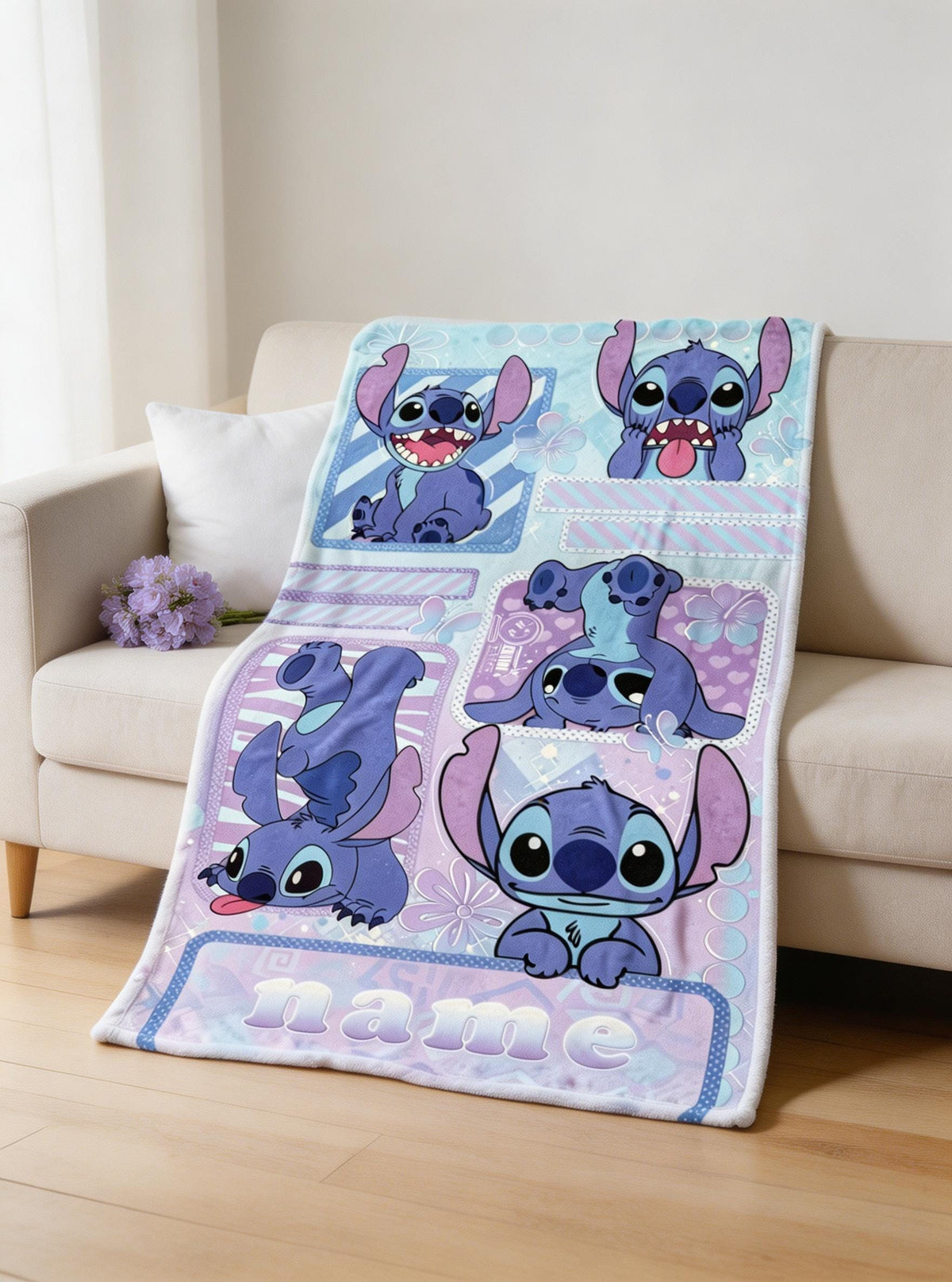 Personalized Stitch Flannel Blanket, Custom Name Pastel Cartoon Throw, Kids Bedroom Gift