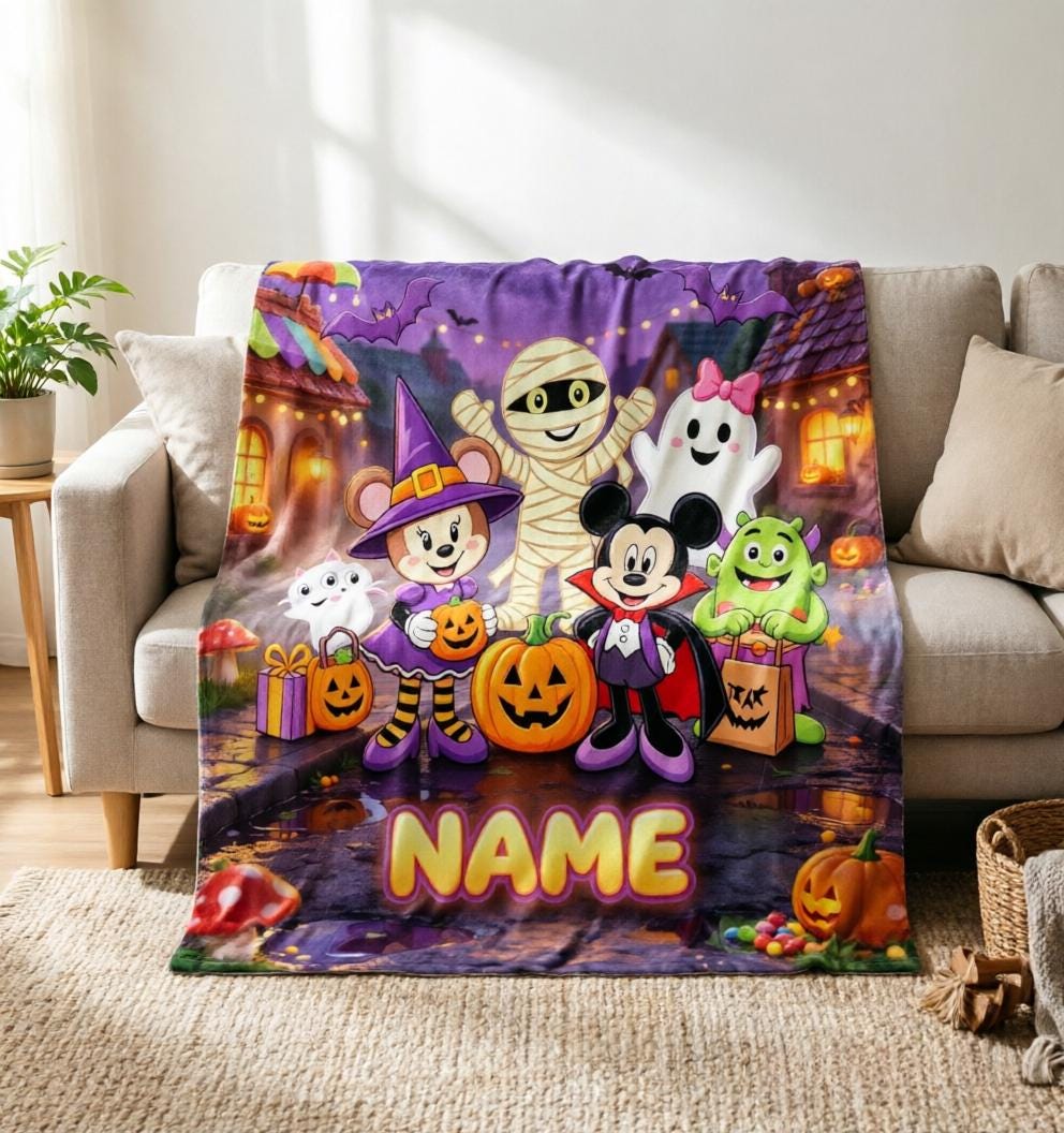 Personalized Name Mickey Halloween Print Blanket Soft Throw, Plush Snuggle Cover for Sofa Bed, Fun Cozy Gift for Kids