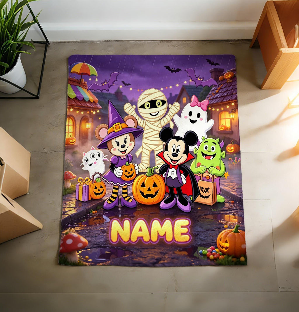 Personalized Name Mickey Halloween Print Blanket Soft Throw, Plush Snuggle Cover for Sofa Bed, Fun Cozy Gift for Kids
