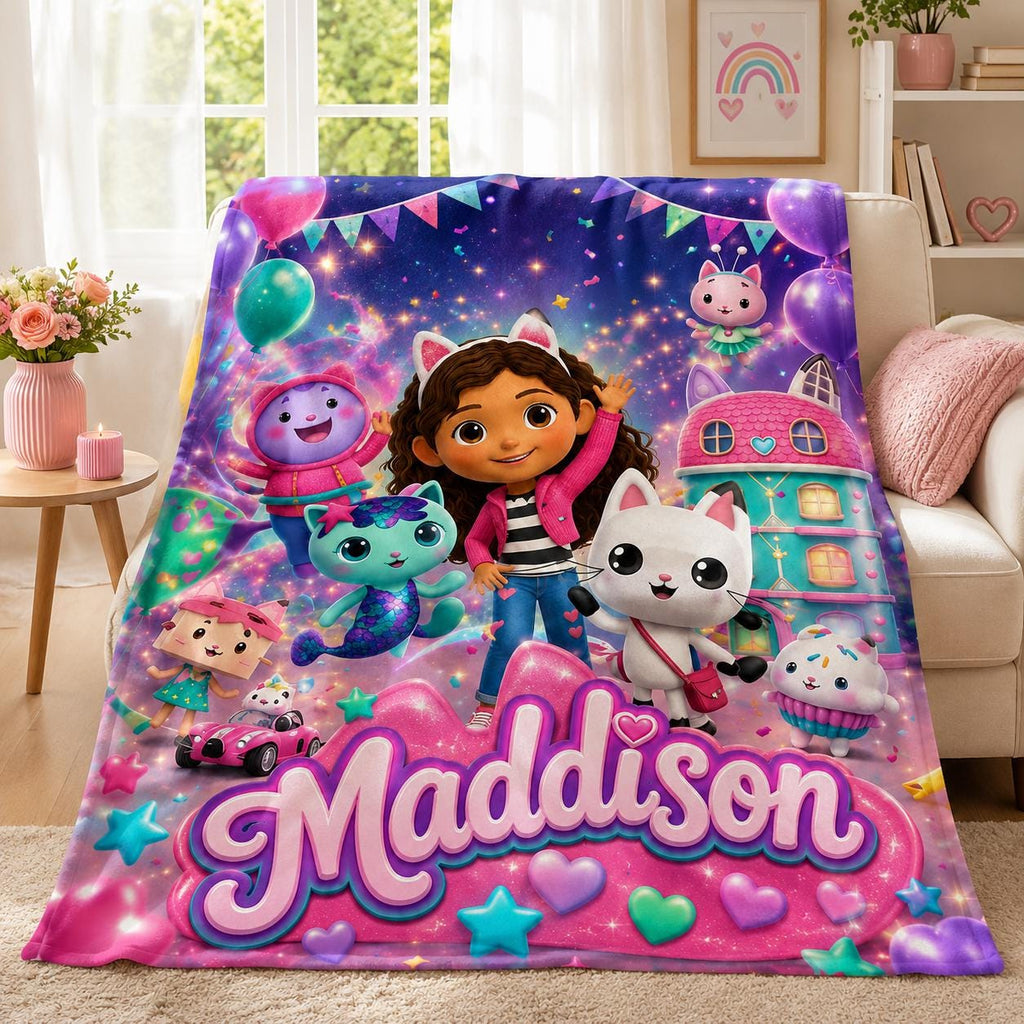 Custom Princess Dollhouse Flannel Blanket, Personalized Pink Cat Name Throw, Toddler Girl Birthday Gift, Kids Soft Plush Bedding Decor