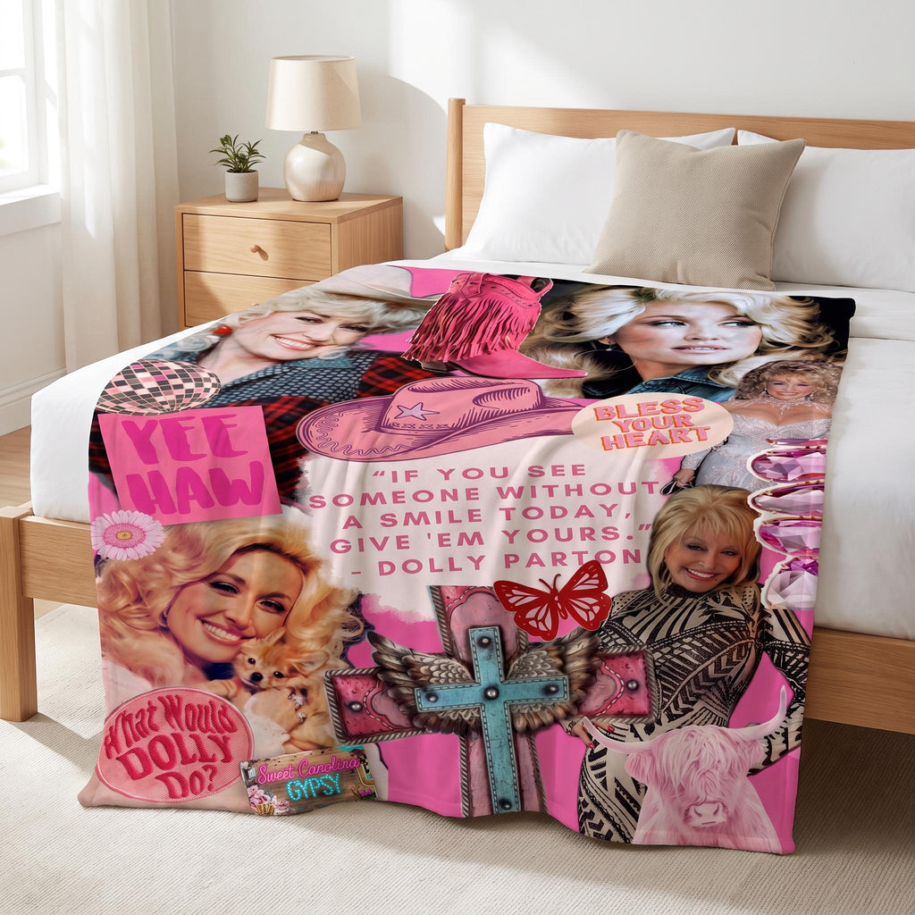 Dolly Parton Pink Western Throw Blanket, Disco Cowgirl Collage Decor, Retro Southern Aesthetic Room Accent, Country Music Gift for Her