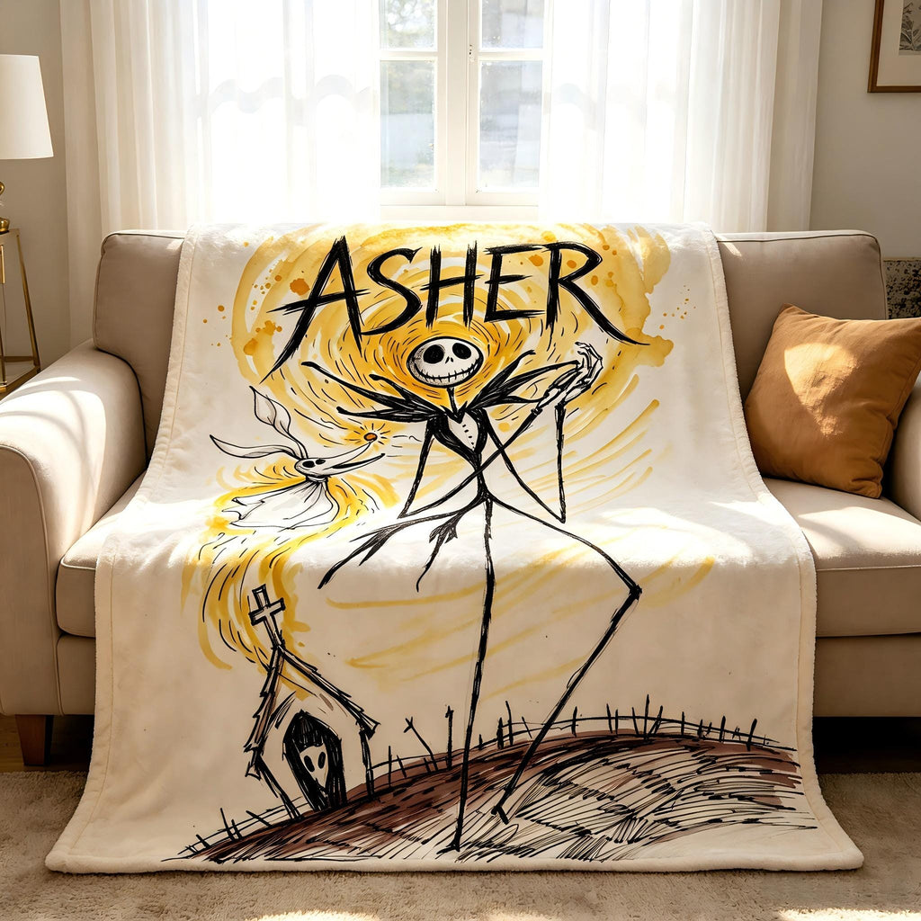 Personalized Jack Skellington Flannel Blanket Custom Name Spooky Throw Halloween Town Pumpkin King Fan Gift For Kids Goth Room Decor