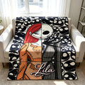 Personalized Jack and Sally Flannel Blanket, Custom Name Spooky Goth Throw, Halloween Christmas Couple Gift, Skeleton Bedding Room Decor