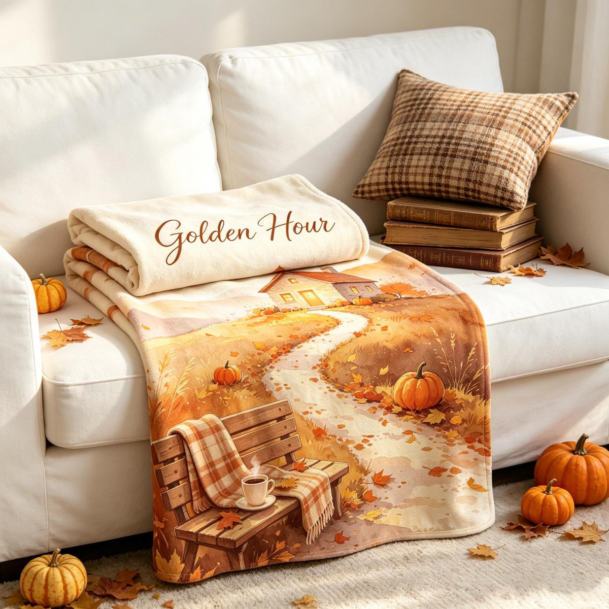 Golden Hour Blanket, Autumn Landscape Throw, Cozy Cabin Flannel, Sunset Fall Decor, Warm Home Gift