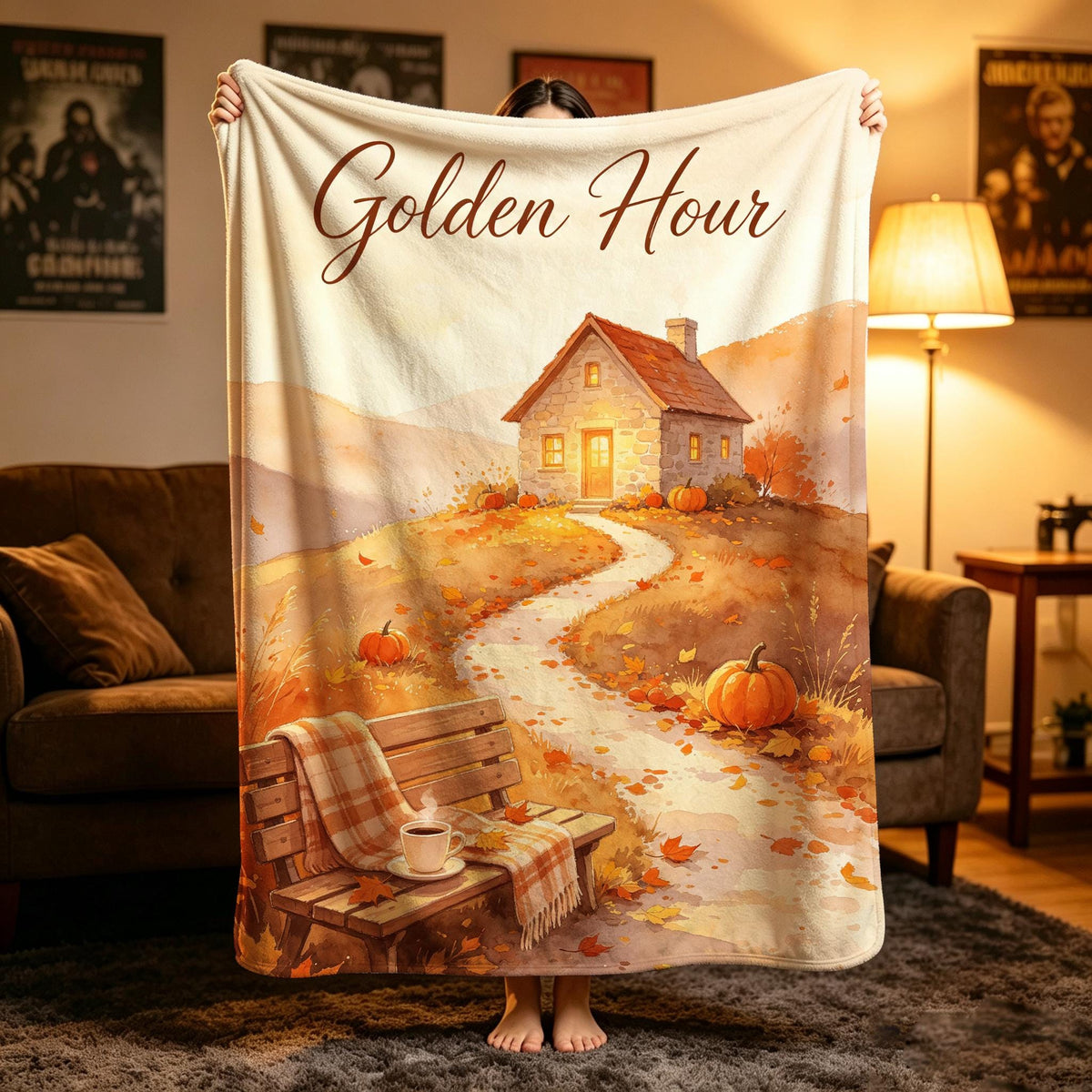 Golden Hour Blanket, Autumn Landscape Throw, Cozy Cabin Flannel, Sunset Fall Decor, Warm Home Gift