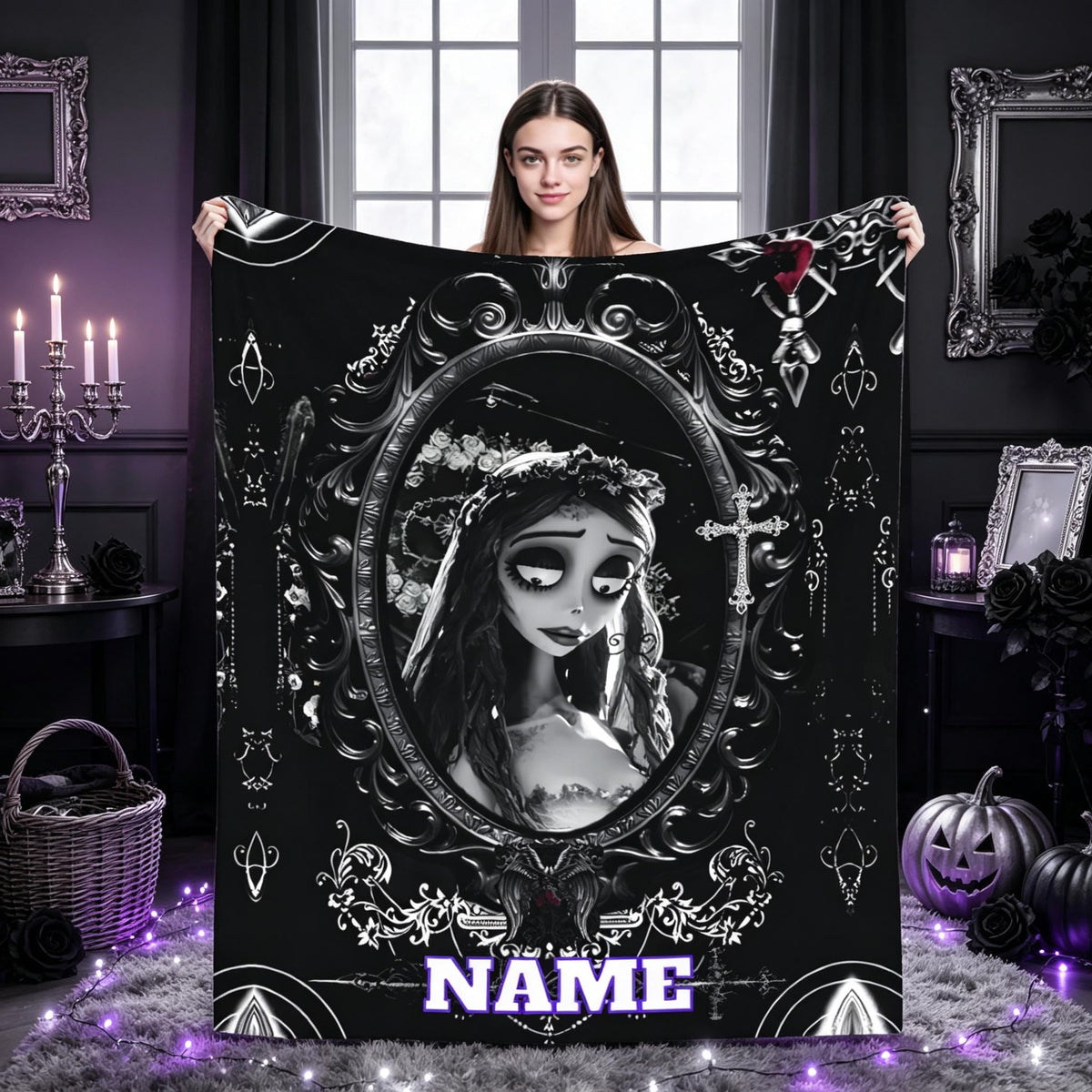 Personalized Gothic Bride Blanket, Custom Name Flannel Throw, Dark Romance Blanket, Spooky Wedding Decor, Halloween Gift for Her