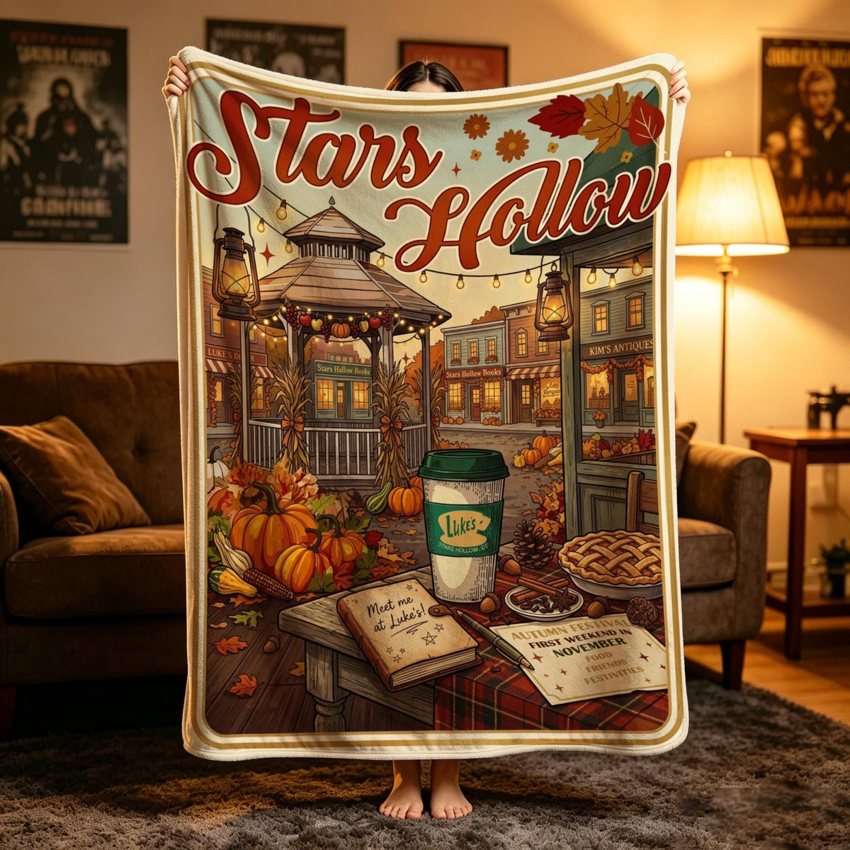 Cozy Fall Town Blanket,Stars Hollow Fall Throw, Autumn Festival Flannel, Cozy Luke's Diner Decor, Gift for TV Lover
